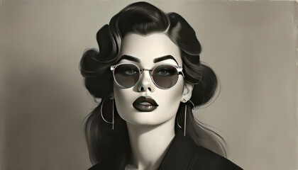 A stunning black-and-white portrait of a woman with vintage curls, bold makeup, and elegant earrings, exuding timeless beauty and sophistication.