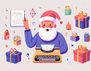 Santa Claus with typewriter surrounded by colorful gifts and festive decor