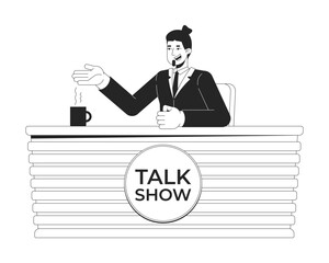 Smiling talk show host sitting at panel table black and white 2D line character. Television program presenter man with steaming mug isolated vector outline person. Monochromatic spot illustration