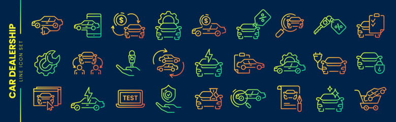 Auto sale dealership line gradient icons. Automotive industry, car dealers, vehicle trade center thin linear set. Rental service, automobile repair shop, purchase agreement or transportation insurance