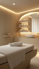 Serene spa interior with soft lighting and a massage table designed for relaxation experience