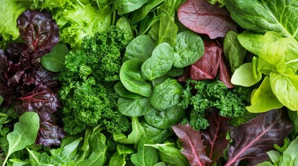 Heap of Salad mix of herbs leaves background. Fresh Salad background with red chard curly kale bulls blood mizuna spinach tatsoi landcress watercress