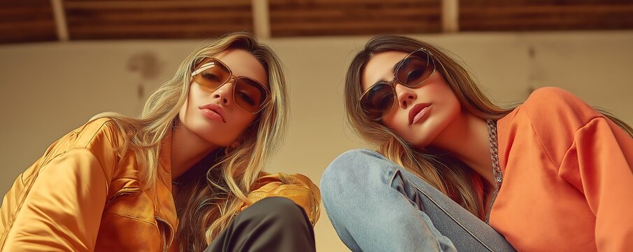 Young stylish women in modern street style outfit isolated on brown background, view from the bottom. Fashionable models, musicians, rappers performing