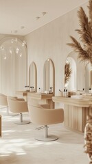 Stylish hair salon interior with modern design featuring elegant mirrors and warm lighting