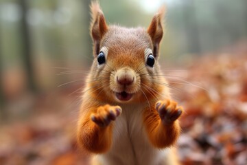 Obraz premium Curious squirrel exploring the forest floor during autumn, surrounded by colorful leaves
