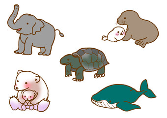 手描きかわいい動物イラストセット１、ゾウなど