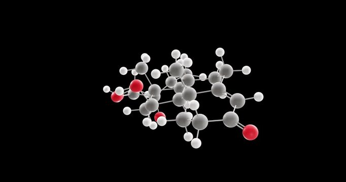 Hydrocortisone molecule, rotating 3D model of cortisol, looped video on a black background