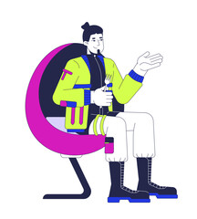 Armchair futuristic man fork holding 2D cartoon character. Caucasian techwear guy ready to eat isolated person flat vector on white background. Hungry male gesturing. Spot illustration colorful