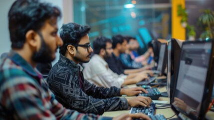 Indian men sitting in front of computers, collaborating on software development in an office setting, A group of Indian men collaborating on a software development project