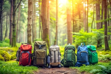 Backpacks on the edge of the forest, ready for a hike