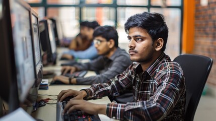 Indian men sitting in front of computers, collaborating on software development in an office setting, A group of Indian men collaborating on a software development project