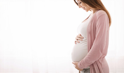 Beautiful pregnant woman hugging her tummy, enjoying her pregnancy, free space