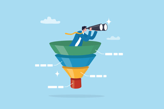 Marketing funnel sales prospect discovery, lead generation or Martech and analytics optimization, insight or customer data, conversion rate concept, businessman look binoculars in marketing funnel.