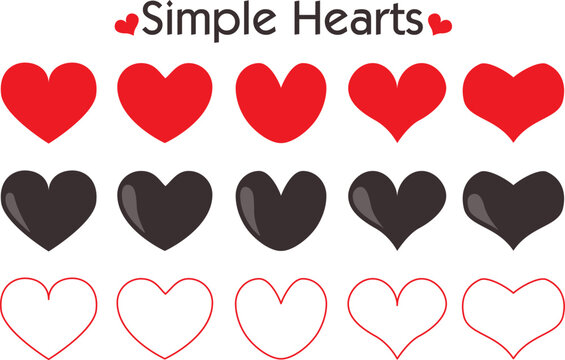 simple love hearts shape vector illustration in red black and outline