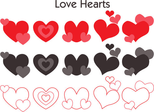 multiple love hearts shape vector illustration in red black and outline