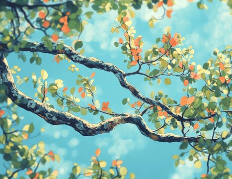 Rama de &aacute;rbol con hojas verdes y naranjas contra un cielo azul, mostrando el cambio de estaci&oacute;n y la belleza natural.