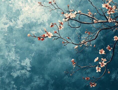 Rama de cerezo en flor en un fondo azul, representando la primavera y la serenidad natural.