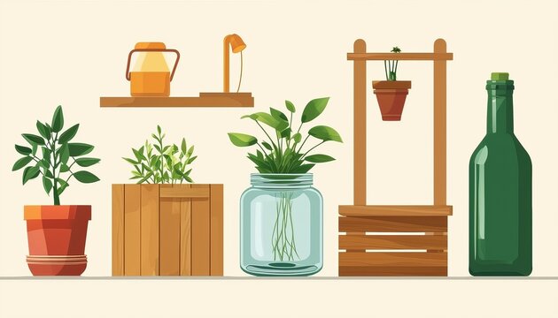 Ilustraci&oacute;n minimalista de varias plantas en macetas y jarras de vidrio sobre una estanter&iacute;a, resaltando el dise&ntilde;o interior verde y decorativo.