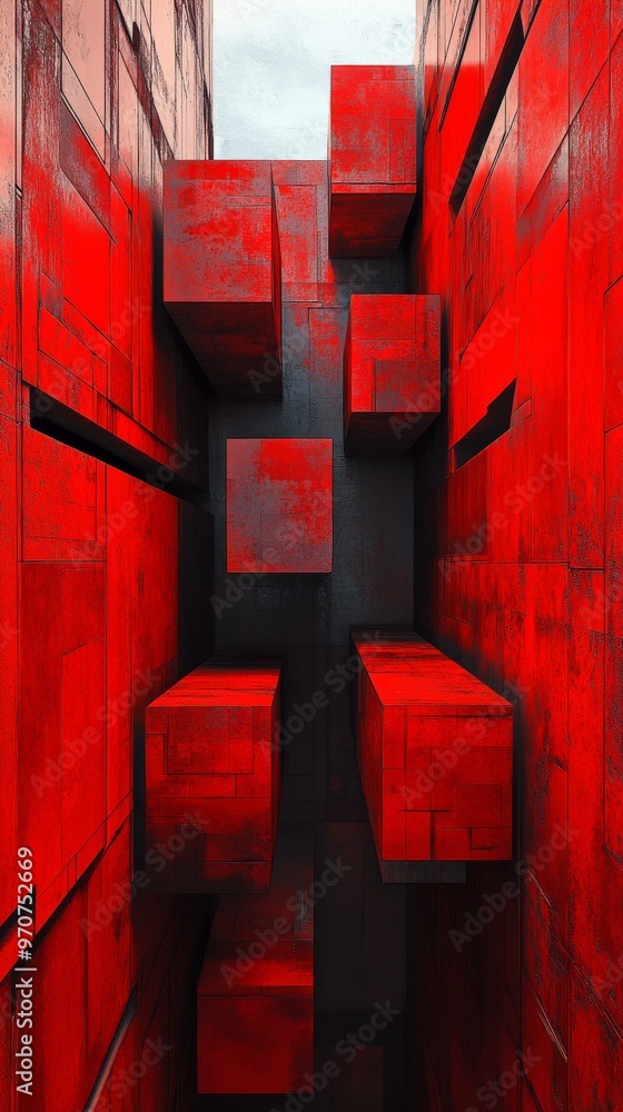 Wall mural abstract geometric red blocks and structures