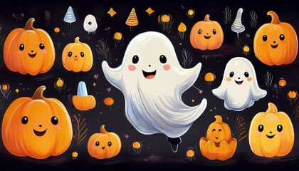 Obraz premium A playful Halloween scene featuring cute ghosts and cheerful pumpkins in a colorful, festive design perfect for autumn celebrations.