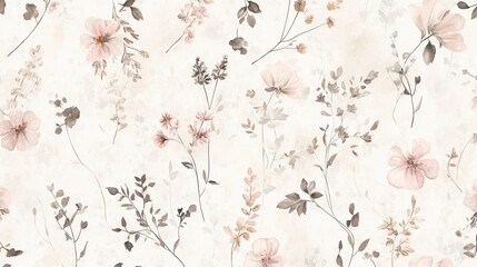 Exquisite retro style patterns of flowers and leaves in light pink, cream, and beige colors, with a soft watercolor texture on a white background and a retro decorative theme design.