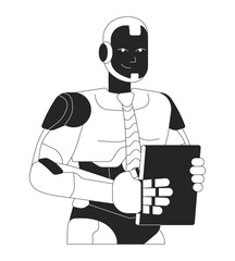 Smiling robot tie holding tablet black and white 2D line character. Futuristic humanoid office worker manager isolated vector outline personage. Robotics company. Monochromatic spot illustration