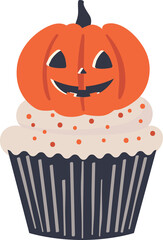 Halloween cupcakes vector set. Spooky cakes with pumpkin, eyeball, bat, spider web, skull, ghost designs