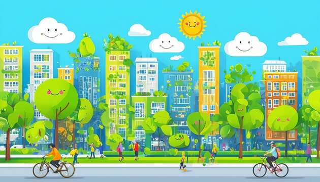 Ciudad ecol&oacute;gica con altos edificios cubiertos de plantas y &aacute;rboles, en un entorno urbano sostenible donde las personas disfrutan de la naturaleza.