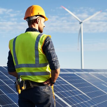 ngeniero inspeccionando paneles solares en un parque solar, vestido con equipo de seguridad, con aerogeneradores en el fondo.