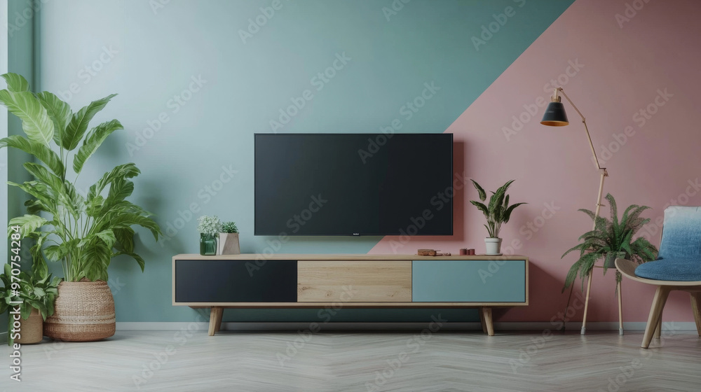 Wall mural a modern living room with a tv cabinet, featuring a wall painted in two colors.