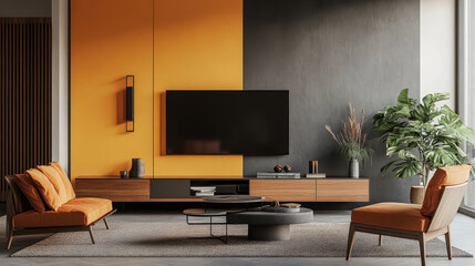 A modern living room with a TV cabinet, featuring a wall painted in two colors.