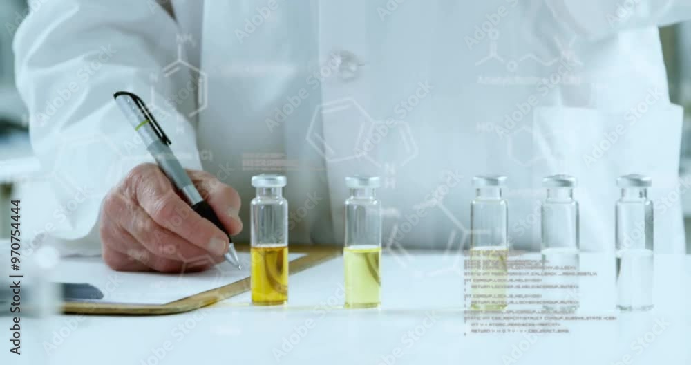 Poster animation of data processing and chemical formula over caucasian male scientist doing experiment