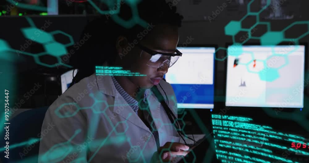Poster animation of data processing and chemical formula over biracial female scientist using tablet