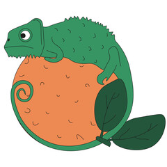 Lizard on the orange isolated transparent backgorund. Salamander like citrus. Flat vector illustration ideal for t-shirt print. EPS 10 Editable stroke