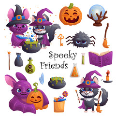 Halloween images set with black cat, bat, cauldron, pumpkin, magic ball isolated on white background. Vector illustration.