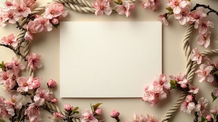 Fototapeta premium Elegant floral frame, pink cherry blossoms and rope border surrounding blank white paper, suitable for wedding invitation design. The light beige background adds a warm and romantic atmosphere.