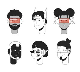 Futuristic people black and white 2D vector avatars illustration set. Robot futurism diverse adults glasses scifi outline cartoon character faces isolated. Cyberpunk flat user profile image collection