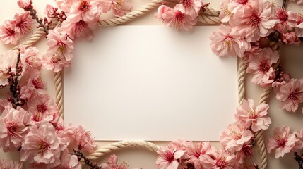 Elegant floral frame, pink cherry blossoms and rope border surrounding blank white paper, suitable for wedding invitation design. The light beige background adds a warm and romantic atmosphere.