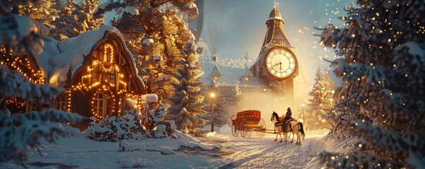 Fototapeta premium A snowy village scene with a large clock tower, its face lit up by warm golden lights, and a horse-drawn sleigh gliding through the snow.