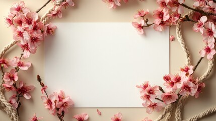 Elegant floral frame, pink cherry blossoms and rope border surrounding blank white paper, suitable for wedding invitation design. The light beige background adds a warm and romantic atmosphere.