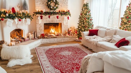 Living room interior with fireplace and festive decor. Christmas celebration