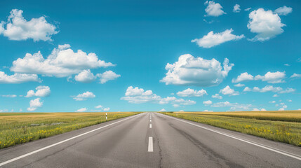 Naklejka premium Vibrant Highway Scene, expansive road stretching under a brilliant blue sky, fluffy white clouds drifting above, evoking a sense of freedom and adventure
