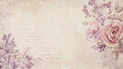 Vintage style letterhead with lace border, light rose and lavender tones, central illustration showcasing delicate roses and soft petals. Very suitable for romance or personal design.