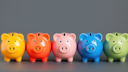 Colorful piggy banks aligned, symbolizing diverse saving options, representing financial diversity, inviting promotional text for savings awareness campaigns