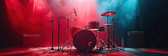 Drum Set on Stage with Red and Blue Lighting