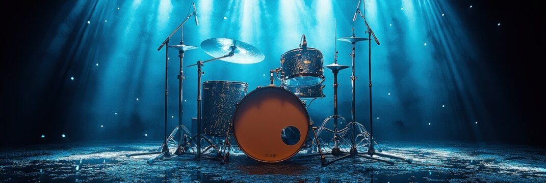 Drum Set on Stage with Blue Lighting