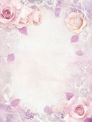 Vintage style letterhead with lace border, light rose and lavender tones, central illustration showcasing delicate roses and soft petals. Very suitable for romance or personal design.
