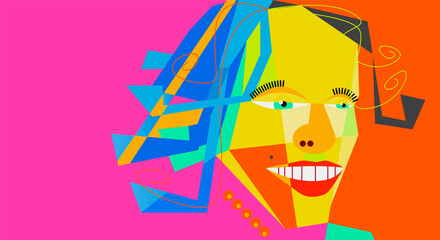 Vibrant abstract portrait of a woman's face in a cubist pop art style. Modern, colorful geometric illustration for fashion, music, or creative event posters.