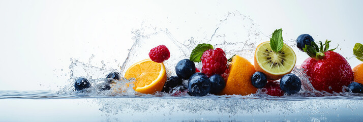 Fruits splashing into the clear water. Fresh fruits concept