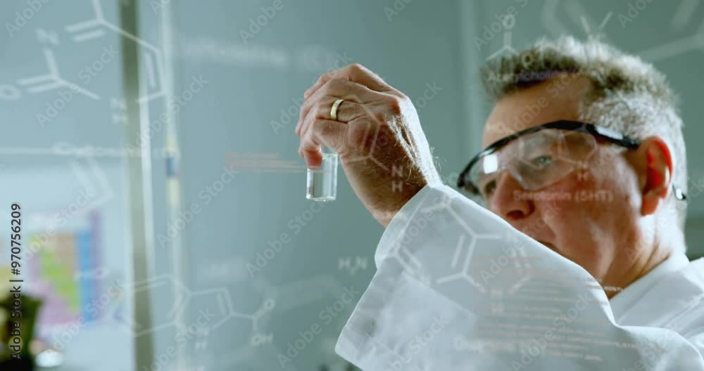Poster animation of data processing and chemical formula over caucasian male scientist doing experiment